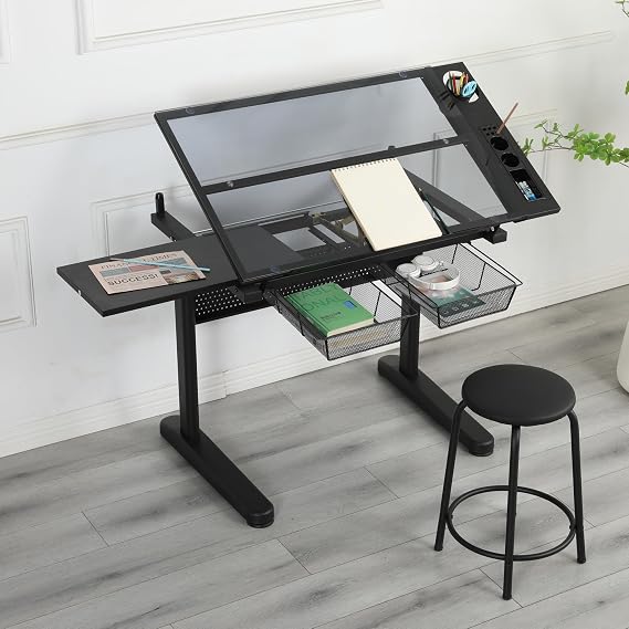 Miscoos Hand Crank Adjustable Drafting Table Drawing Desk with 2 Metal Drawers and Stool, Black, Tempered Glass, Sheet Metal