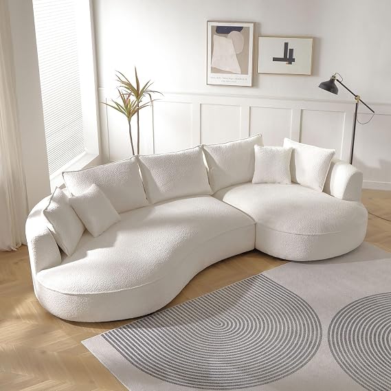 124.8" Curved Sofa Living Room Cloud Couch, Modern Upholstery Boucle Sofa, Comfy Lazy Cream White Modular Sectional Sofa with Pillows for Bedroom Apartment (Right Facing)