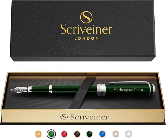Scriveiner Personalized British Racing Green Fountain Pen - Stunning Green Lacquer Luxury Pen w/Chrome Finish, German Schmidt Nib (Medium), Best Engraved Pen Gift Set for Men & Women, Name Engraving