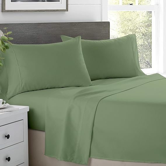 SKY BEDDINGS King Sheet Set, 100% Egyptian Cotton, Silky Sateen, Sage Green