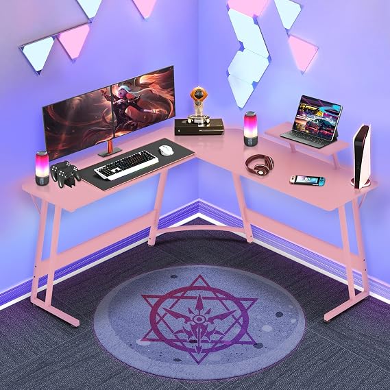 L Shaped Gaming Desk with Large Desktop & Storage Space - Ideal for Studying, Working, and Gaming - Adjustable Feet & Optional Tray Table Installation (Pink)