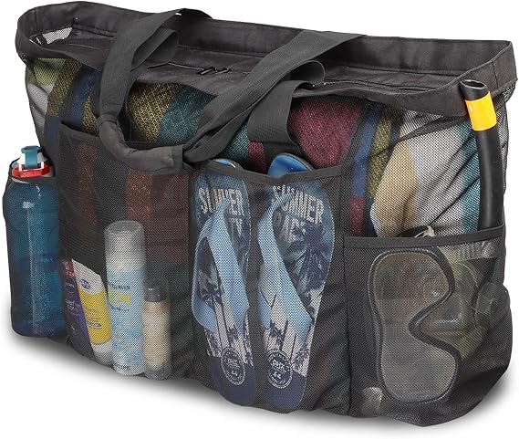 Extra Large Beach Bag Mesh Tote with Zipper and Pockets Ideal for Your Family Cruise/Beach Vacation Essentials