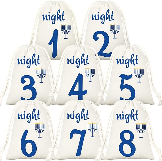 MIMIND 8 Pieces 8 Nights of Hanukkah Burlap Gift Bags Festival of Lights Linen Treat Goodie Bags Candlestick Design Candy Cookie Packing Pouches with Drawstrings for Hanukkah Party