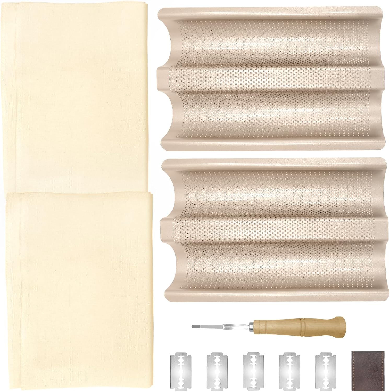 2 Pack Baguette Bread Pan 2 Loaves, Carbon Steel Perforated French Bread Pan with Proofing Cloth, Dough Cutter Kit for Home Baker Nonstick Bakeware for Homemade Baguettes, Sourdough, Pizza