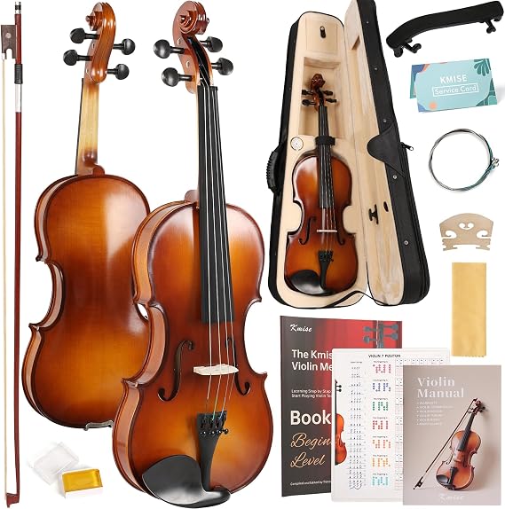 Kmise Violin 1/2 Size Starter Kit for Students Beginners Adults, Quality Ebony Acoustic Fiddle Set with Hard Case, Bow, Rosin, Extra Strings, Shoulder Rest, Guide & Chart