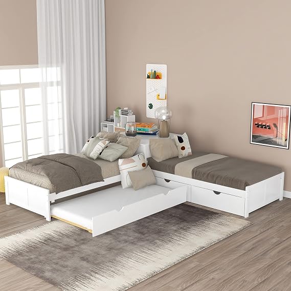 L-Shaped Platform Bed with Trundle, 2 Drawers and Built-in Desk -Platform Bed for Family, Kids, Teens,No Box Spring Needed