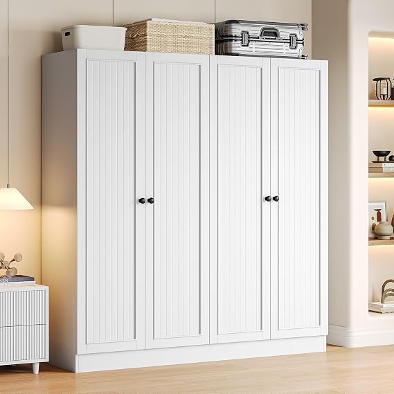 iPormis 4 Doors Armoire Wardrobe Closet with 2 Drawers, 63" Large Wardrobe Cabinet with Removable Hanging Rods and Adjustable Shelves, Closet Storage Cabinet for Bedroom, Cloak Room, White
