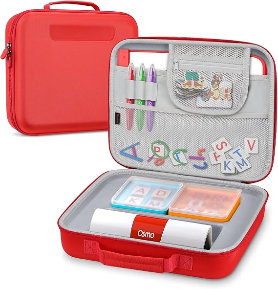 FINPAC Hard Carrying Case for Osmo Games, Grab-and-Go Storage Organizer | Briefcase for Osmo Base for iPad, Creative Board, Markers, Pouch, Number, Tangram, Words Tiles, and Coding Blocks, Red
