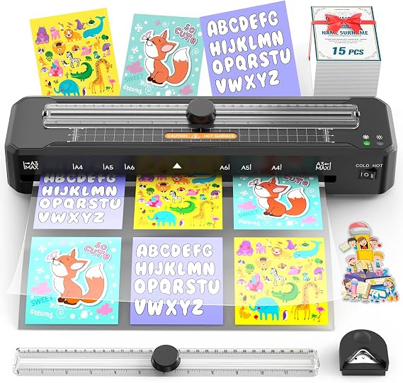 Laminator A3 for A3 A4 A5 A6 with Paper Cutter Sheets 15pcs Corner Rounder Scale Line, ABS Anti-Jam NTC Control Hot Cold Mode 90s Preheat, Laminating Machine for Teachers Home Office School