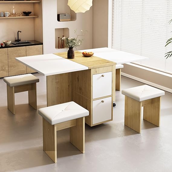 Rtopsu Mobile Folding Table with 4 Chairs Extendable Dining Room Table Kitchen Table with Pulley and 4 Storage Spaces for Kitchen Dining Room Living Room 120 x 80 x 75 cm White & Oak