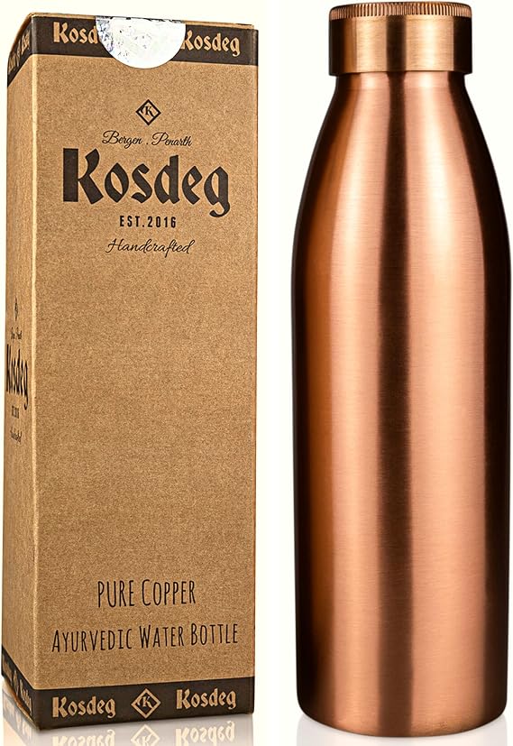 Copper Water Bottle - Kosdeg - 24oz - A Handcrafted Leak Proof Ayurvedic Pure Copper Vessel For Drinking- Drink More Water, Lower Your Sugar Intake and Enjoy The  Benefits Immediately...