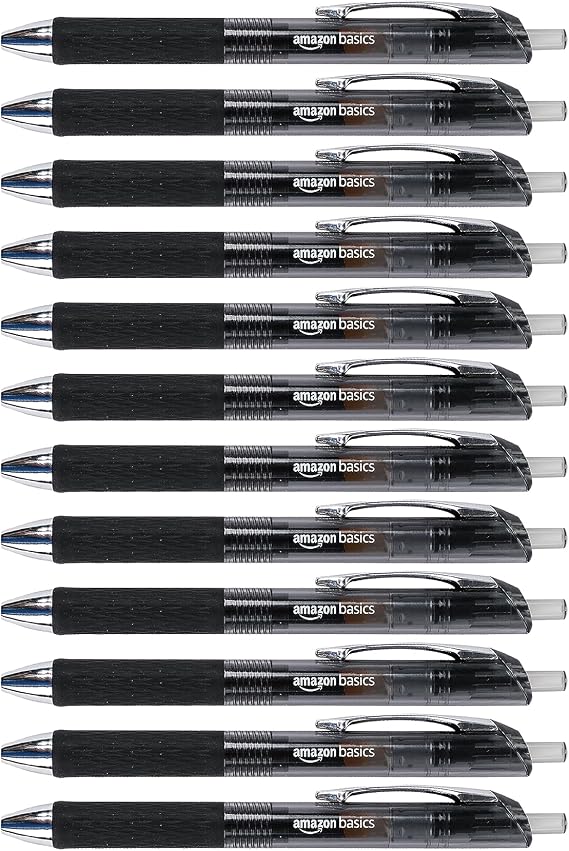 Amazon Basics Retractable Gel Ink Pens, Rubber Grip, Smudge Free, Ideal for School, Office, Fine Point (0.7mm), Black, Pack of 12
