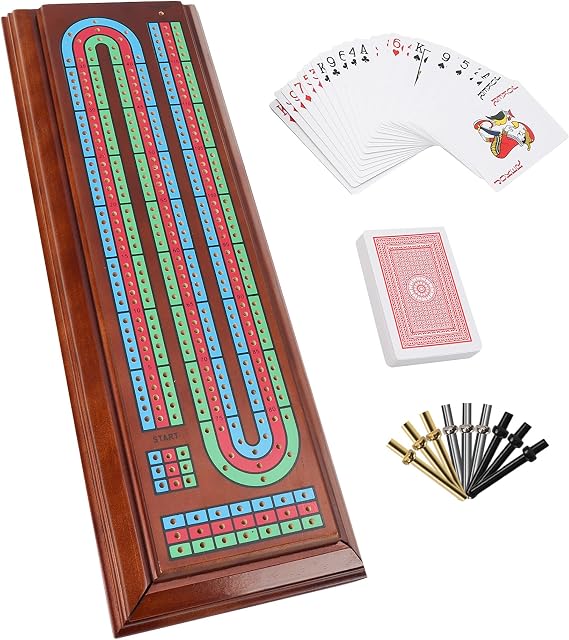 GSE Wooden 3-Track Cribbage Board Game Set with Large Storage Area