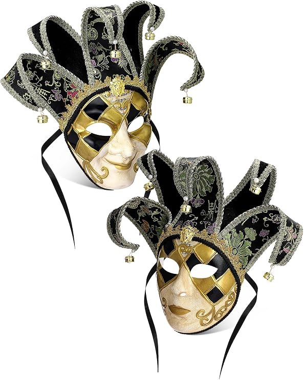 Syhood 2 Pcs Jester Mask Vintage Venetian Couples Masquerade Mask Full Face Decoration for Mardi Gras Party