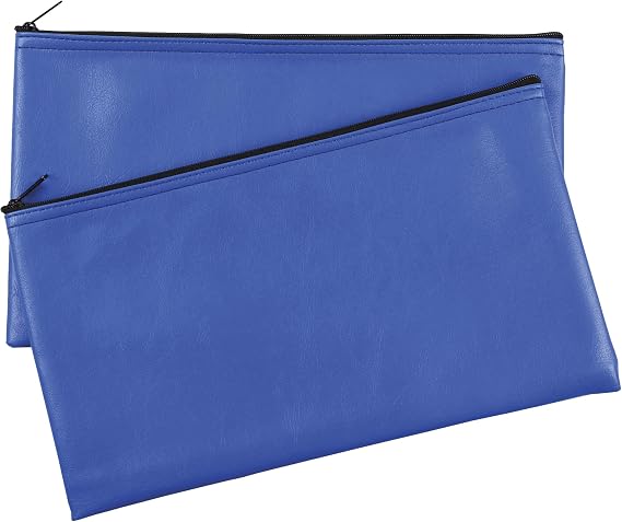 Security Bank Deposit/Utility Zipper Coin Bags, 11 X 6 Inches - Leather Zipper Pocket Money Holder, safe for Cash, Coins, Legal Documents, Receipts - Blue - 2 Pack
