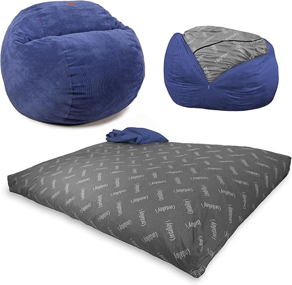 CordaRoy's Corduroy Bean Bag Chair, Convertible Chair Folds from Bean Bag to Lounger, As Seen on Shark Tank, Navy - Full Size