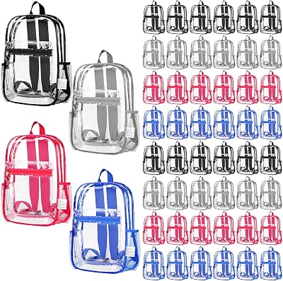Silkfly 48 Pack Clear Backpacks Bulk PVC Transparent Bookbags Heavy Duty See Through Bags with Pockets for Stadium Work Travel15 x 11 x 5.2 Inches