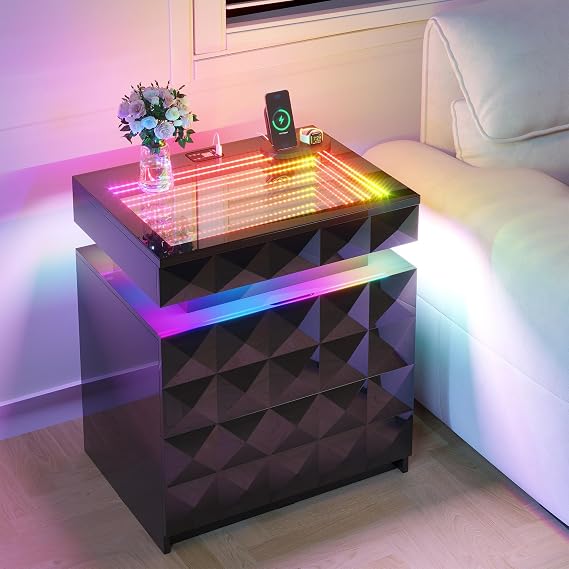 Night Stand with Charging Station and RGB Tunnel Lights, Nightstand with Tempered Glass and Sliding Top, Lockable Bedside Table with Hidden Drawer and 2 Drawers for Bedroom, Black