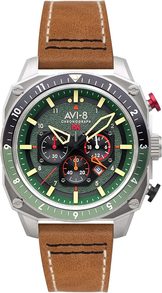 AVI-8 Men's 44mm Hawker Hunter Atlas Dual Time Chronograph Watch with Leather Strap AV-4100