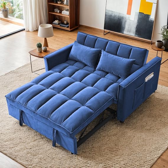 3 in 1 Convertible Sleeper Sofa Bed,Futon Loveseat Couch with Pull-Out Bed & Adjustable Backrest,Velvet Fabric Sofa with Side Pocket for Small Apartment, Living Room, Office (Blue)