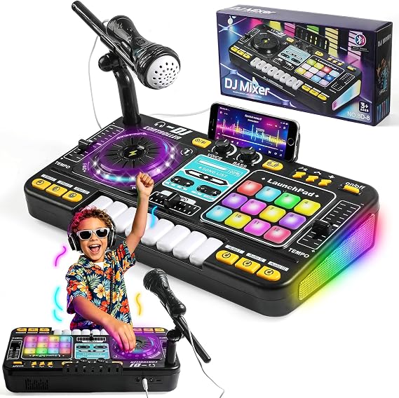 DJ Mixer for Kids,Toddler DJ Mixing,TableLight & Speed Control and Microphone,Piano Keys,Birthday Gift Toys for 3 4 5 6 7 8Year Old Boy Girl