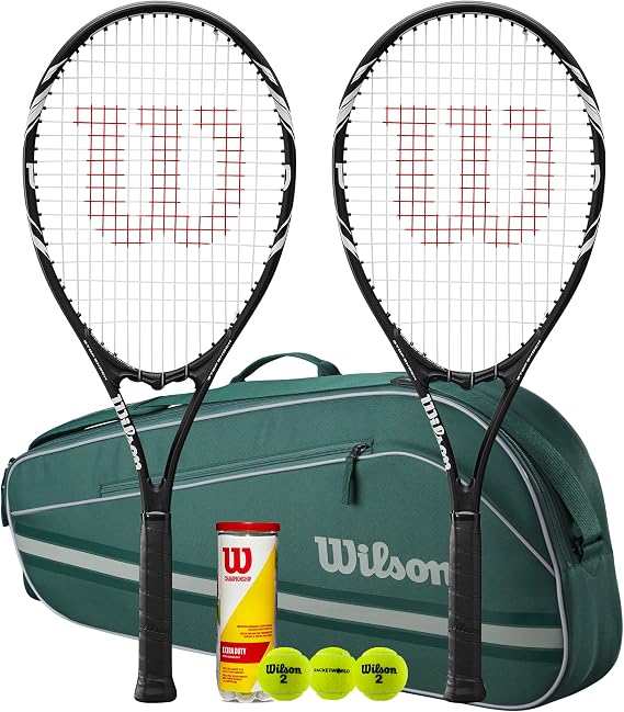 Wilson Federer Tennis Racket Twin Set, Black, with Advantage Tennis Bag and Balls
