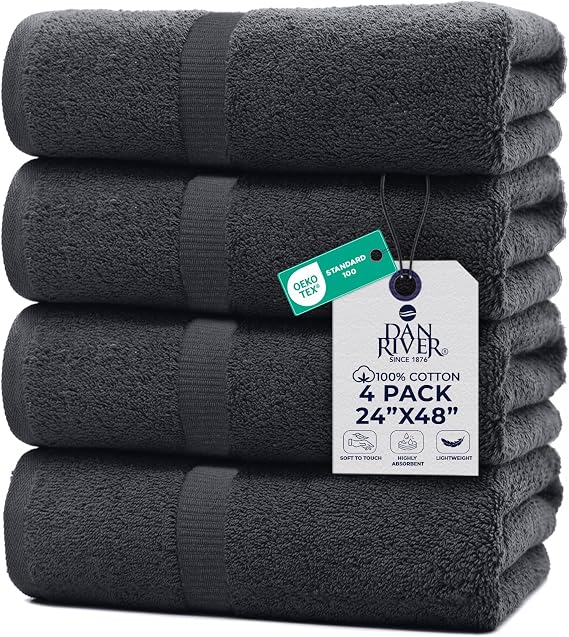 DAN RIVER 4 Pack Cotton Bath Towels 24x48 Inches, Dark Gray
