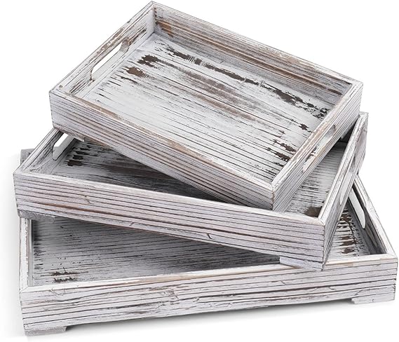Flexzion Bamboo Trays for Serving Food with Handles, 3-Pack, 3 Sizes | Food tray set for eating on the couch, serving breakfast in bed, carrying snacks and drinks or organizing coffee table items