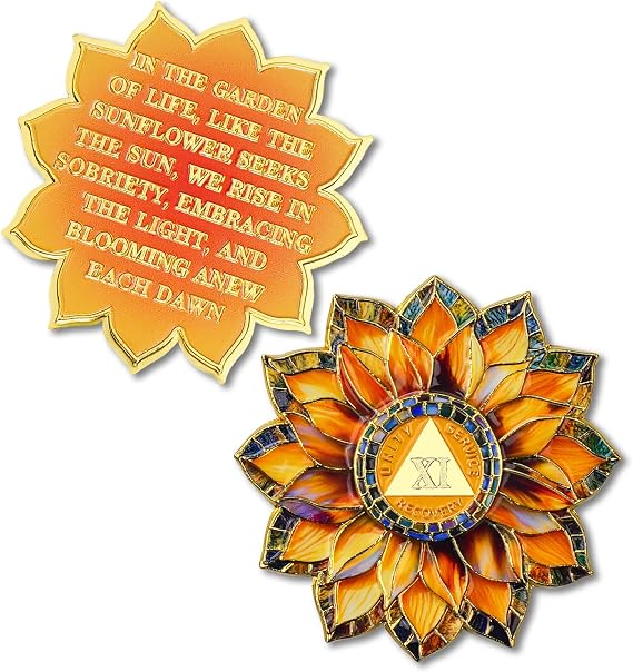 Sunflower 11 Year Sobriety Coin - Colorful Glass Broken and Rebuilt AA Coins - Eleven Year Addiction NA AA Chips and Medallions - 1-20 Celebrate Living Clean Alcoholics Anonymous Gifts for Men Women