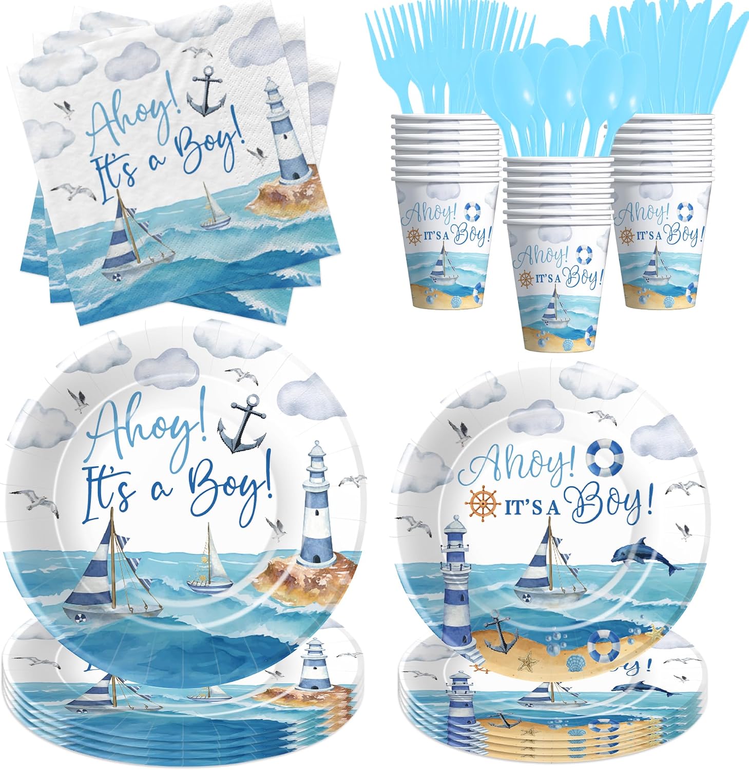 Ahoy Its A Boy Baby Shower Decorations Tableware - Nautical Baby Boy Decorations, Plate, Cup, Napkin, Disposable Cutlery, Anchor Nautical Party Supplies For Sailor Boat Baby Shower | 24 Guest