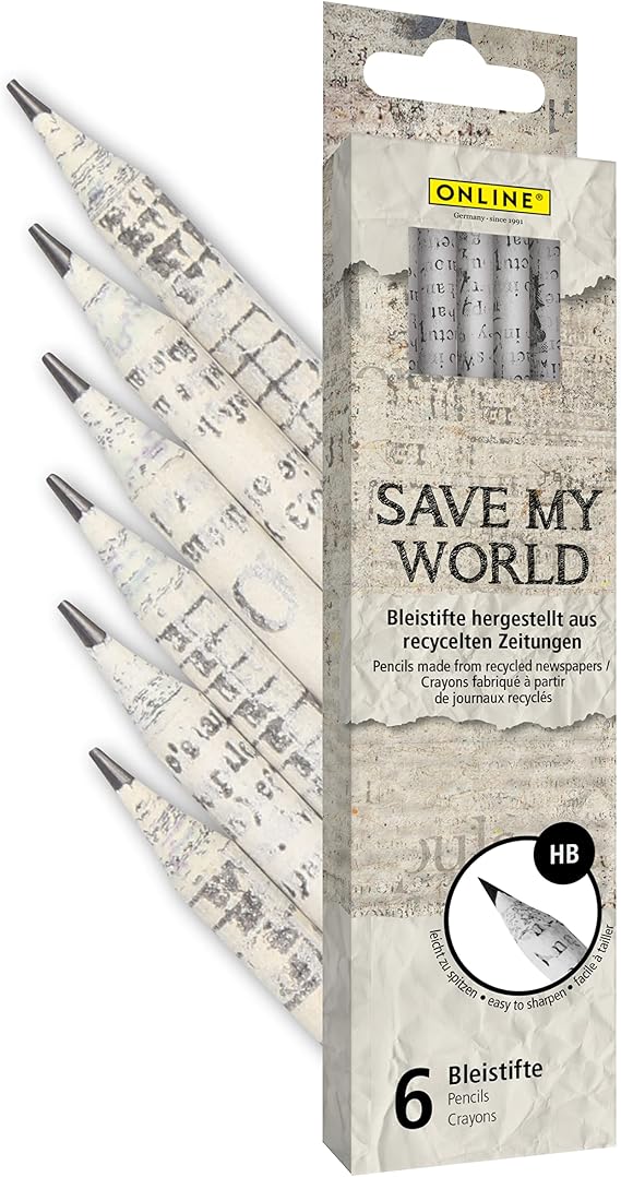 ONLINE Recycled Newspaper Pencils I Value Pack 6 x Environmentally Friendly Pencils Set HB I Pen Set for Drawing, Painting, Sketching, Writing I for Children, School, Artists