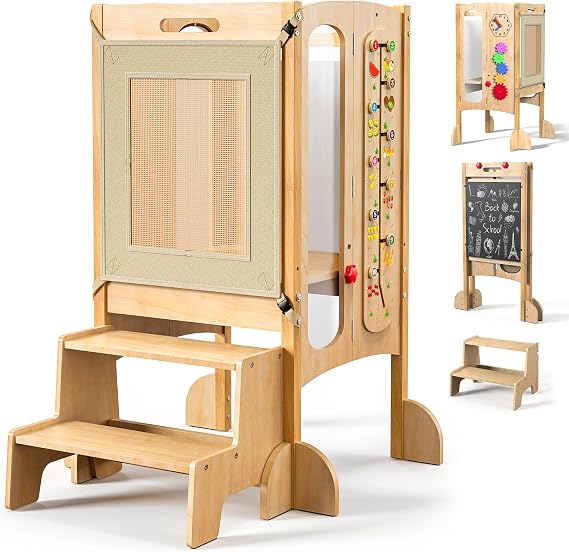 Foldable Toddler Tower with 2 Step Stool, 150-Pound Capacity | Solid Wood with Safety Net, 2 Adjustable Heights, Magnetic Chalkboard and Whiteboard, Montessori Activity Games, Ages 18M-5Y