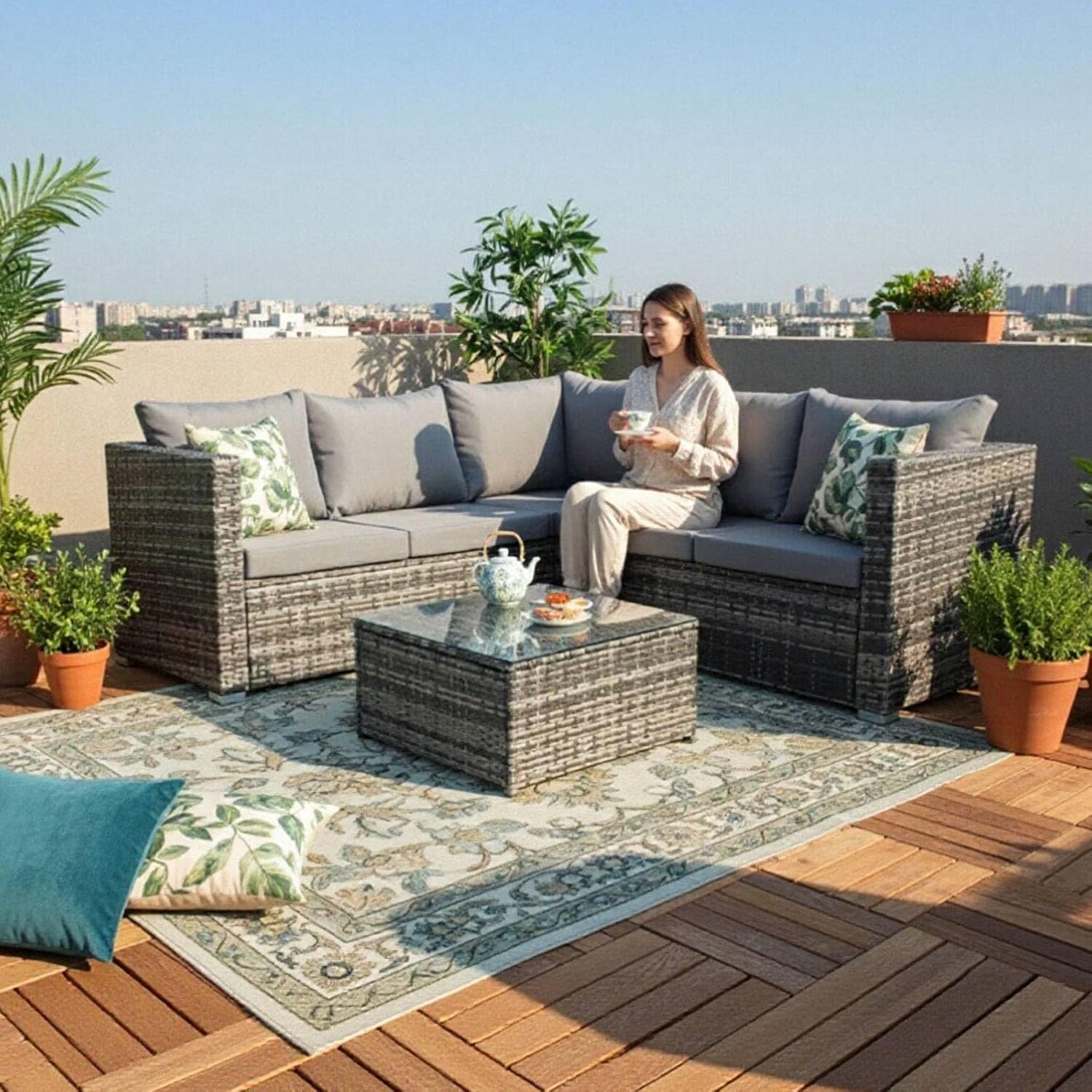BIRCHTREE Outdoor Rattan Wicker Garden Furniture Set 5 Seater L-Shape Corner Sofa Glass Coffee Dining Table Patio With Cushion Pillow 3 Pieces RFS08 Grey