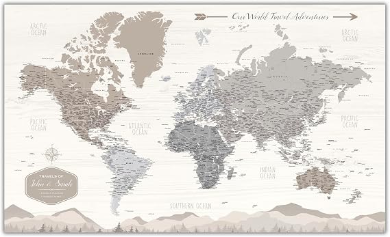 HolyCowCanvas Personalized Farmhouse Push Pin World Map on Canvas, 3 Sizes, Includes Pins to Mark Travels, World Map Pin Board, Best Gifts for People Who Travel Gift for Travel Lovers