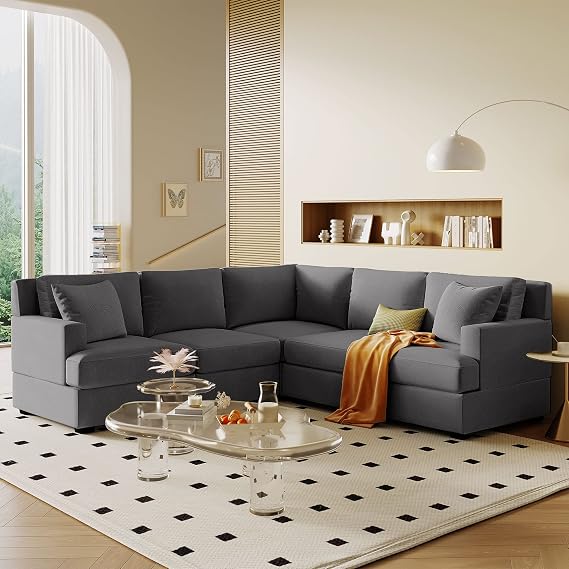 88" Sectional Sofa for Living Room, Modern Modular L-Shaped 5-Seat Corner Sofa Couch with 2 Tossing Cushions for Apartment Office Studio, Free Combination and Polyester Fabric Sofa,Grey