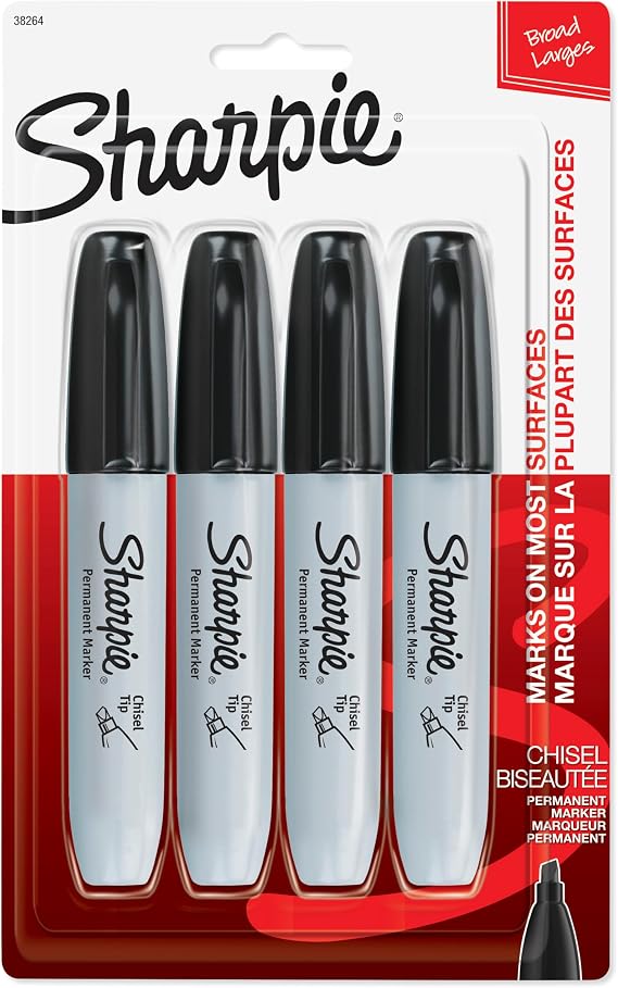 Sharpie Permanent Markers, Large, Chisel Tip, Black, 4 Count - Marks on Paper, Plastic, Metal, and More