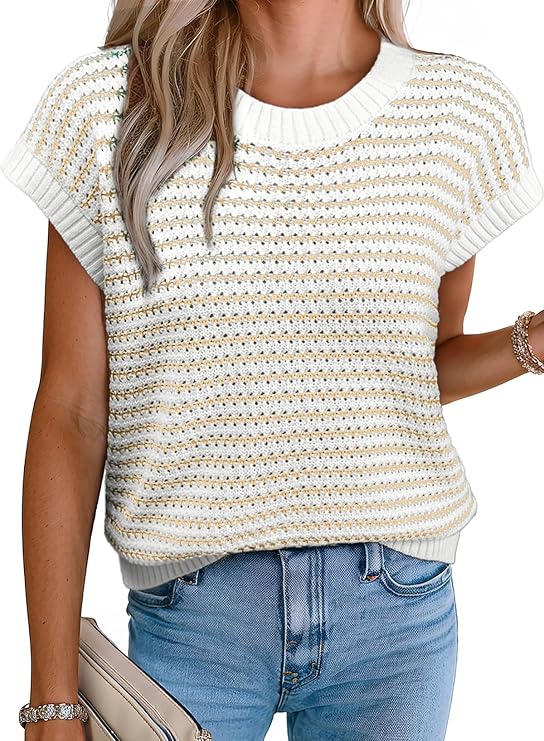 EVALESS Women's Striped Cap Sleeve Sweater Vest Round Neck Tank Top