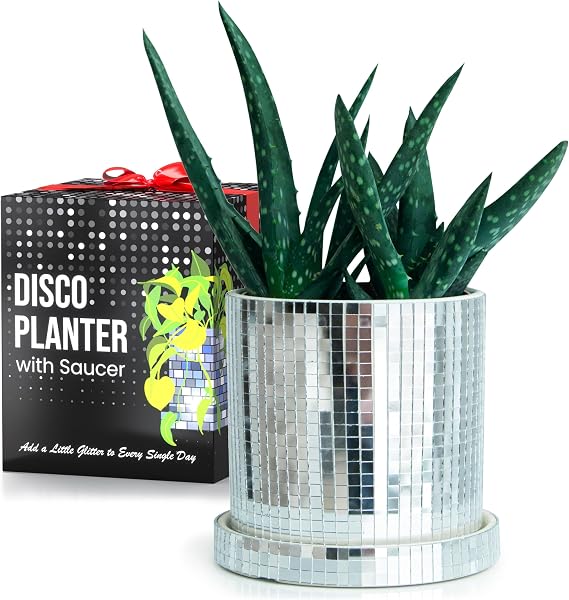Disco Ball Planter Pot, 4.3-inch Silver Ceramic | Handcrafted with 0.2-inch Mirror Tiles, Drainage Hole & Matching Saucer for Indoor Plants & Desk Decor