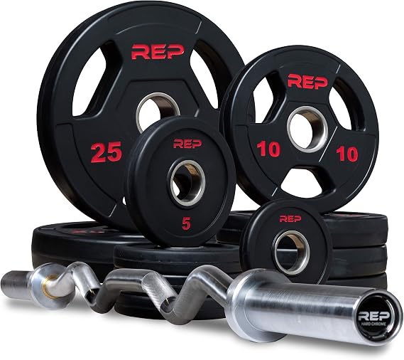Rep Fitness Hard Chrome EZ Curl Barbell with Choice of Rubber-Coated Olympic Weight Plate Set