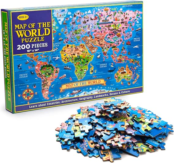 200 Pieces World Map Puzzle, World Map Jigsaw Puzzle Floor Puzzles Geography Educational Toys for Boys and Girls, Globe Atlas Puzzle Maps for Learning Games