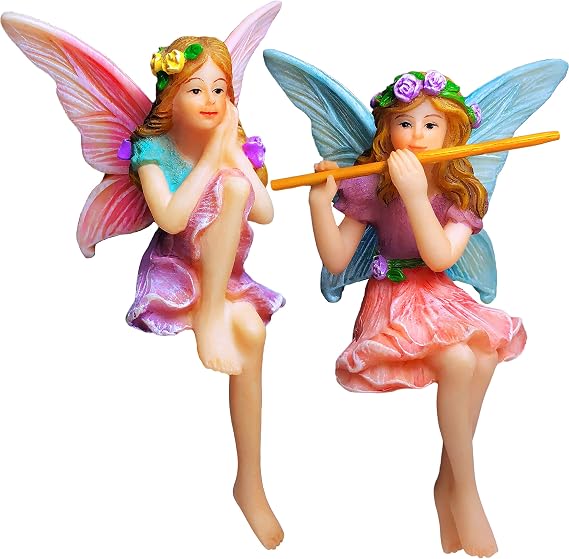 Mood Lab Fairy Garden Figurines - Sitting Fairies Set (2 pcs) - Miniature Decorative Statues - Outdoor Indoor Garden Decor
