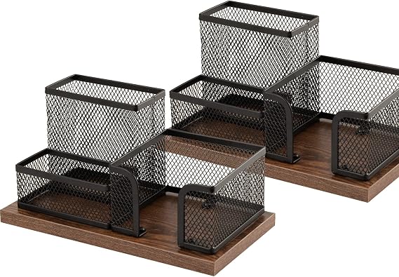 Antique Wooden Mesh Pen Holder Pen Box Desk Organiser with Pen Holder and Storage Baskets for Home and Office 3 Compartments (2 Pieces Black)