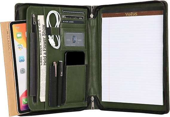 Vegan Portfolio for Men, Business Padfolio with Zipper, Vegan Leather Folio with A4 Writing Pad Holder Portfolio Organizer for Resume, Interview, Meeting - Green