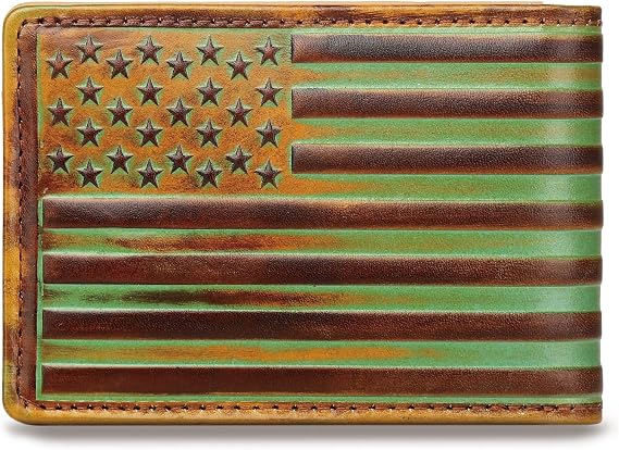 Pefiam Full Grain Leather Bifold Wallet for Men - 12 Slots, RFID Blocking - USA Flag, Brown