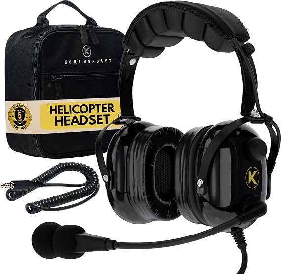 KORE AVIATION H1 Helicopter Pilot Headset - Passive Noise Reduction, Noise Canceling Microphone, Mono, Gel Ear Seal, Adjustable Headband, AUX Port, U-174 Plug & Free Headset Bag