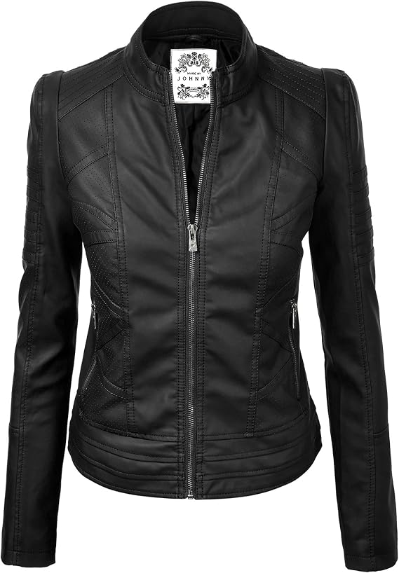 MBJ Womens Faux Leather Zip Up Moto Biker Jacket With Stitching DetaiL