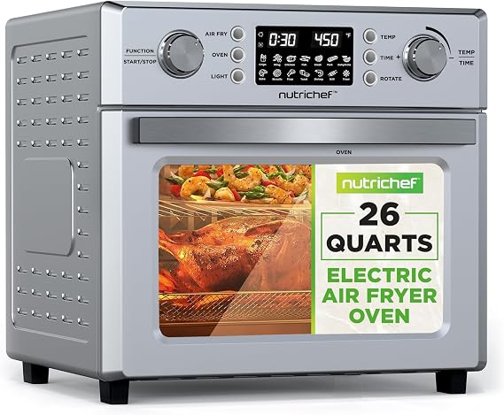 NutriChef 26L Electric Air Fryer Oven | 1700W Countertop Rotisserie & Air Fryer | 360 Rotating Feature | 10 Menu Presets | Includes Drip Tray, Air Frying Basket & Bake Rack 15x16x14 | Stainless Steel