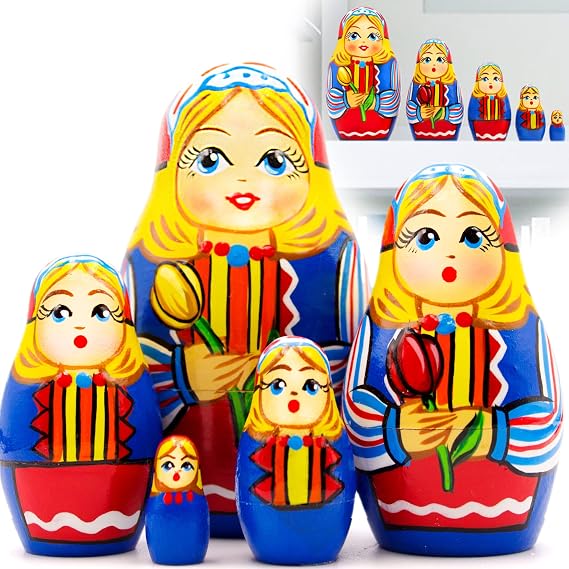 Set of 5 Russian Nesting Dolls - Russian Dolls in Traditional Dutch Folk Dress with Tulips - Wooden Matryoshka in Dutch Ethnic Outfit