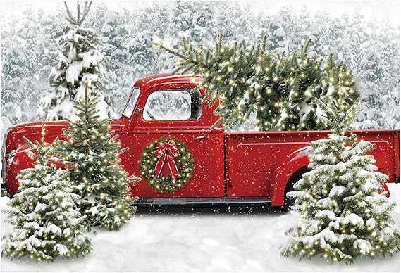 Funnytree 82" x 59" Christmas Red Truck Backdrop Winter Snowy Forest Tree Background Xmas Let it Snow Seasonal Baby Shower Birthday Party Banner Decor Portrait Photobooth Prop Gift Supplies Favors
