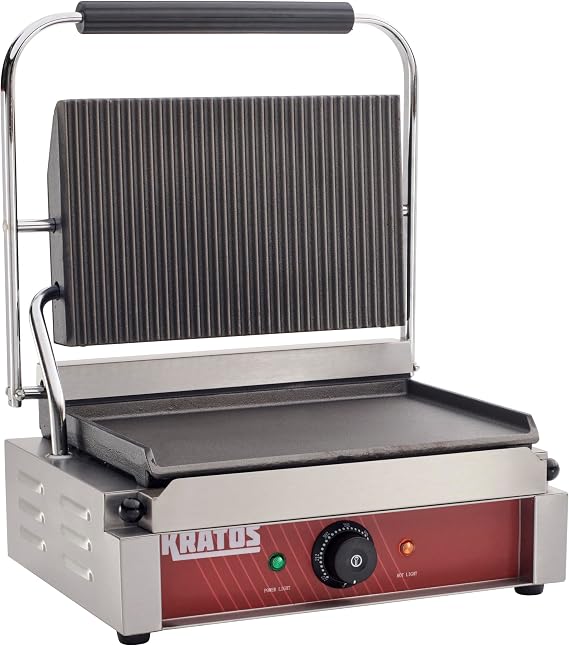 Kratos Commercial Panini Sandwich Grill Grooved Top w/Smooth Bottom Plate | 14" x 9" Cooking Surface, Electric Commercial Countertop Panini Press, 120V, 1750W (29Y-022)